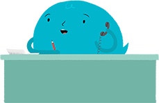 Blue bubble character sitting at his desk and answering the phone